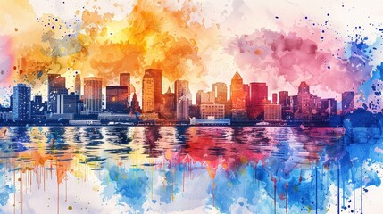 Obraz premium A vibrant watercolor skyline of a city, with reflections in the water beneath a colorful, abstract sky.