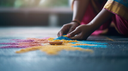 Woman in traditional attire creating a large rangoli with colored sand and grains on the floor, focused expression, cultural art, Diwali decoration, rangoli, creativity