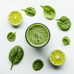 Green smoothie with spinach and lime on white background, healthy detox