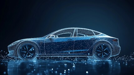 Naklejka premium Futuristic electric car concept with blue digital particles and futuristic lines on dark background.