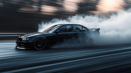 A sleek black sports car performs a drift on a race track, creating smoke and capturing the intensity of high-speed driving.
