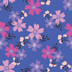 Fototapeta premium blue seamless vector stock flowers with leaves pattern on cream background