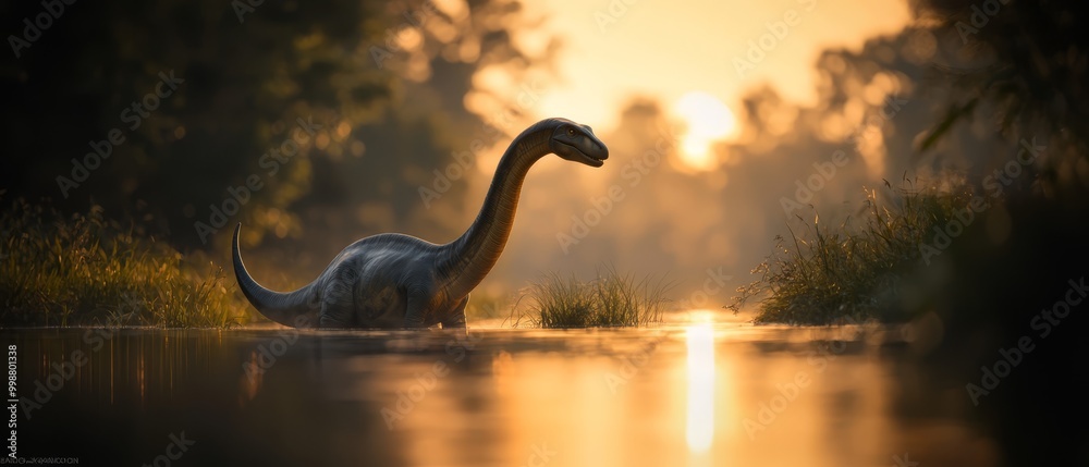 Sticker  A tight shot of a dinosaur submerged in water, surrounded by trees in the distance, and a sun casting golden rays overhead