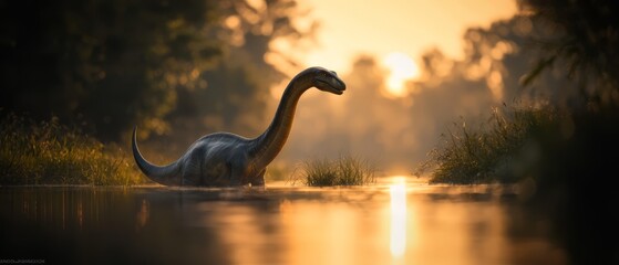  A tight shot of a dinosaur submerged in water, surrounded by trees in the distance, and a sun casting golden rays overhead