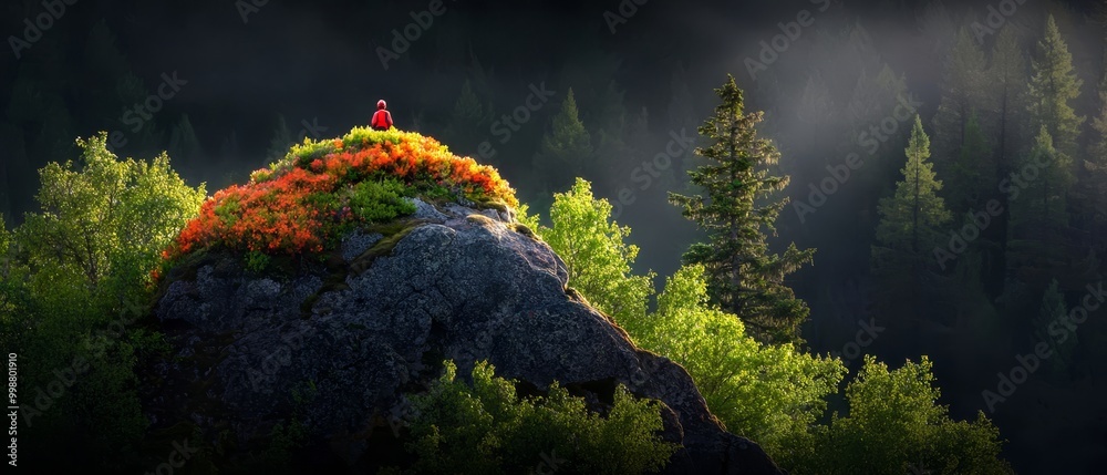 Poster  A person atop a giant forest rock, flanked by trees on each side