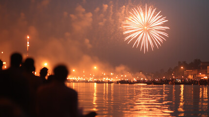People gathered along a riverbank watching fireworks reflected on the water, serene yet festive atmosphere, Diwali night, fireworks, reflection, celebration