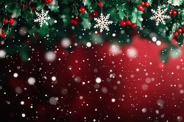 Snowflakes falling in a red and green-themed Christmas backdrop, capturing the essence of the season,