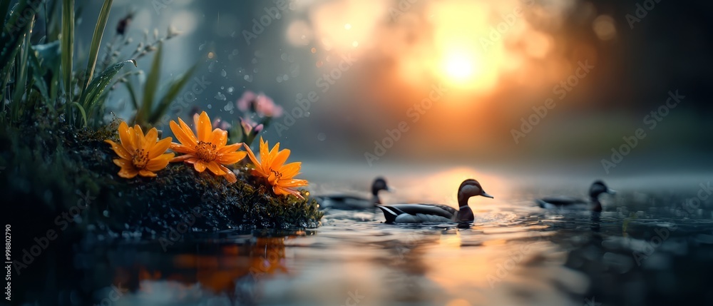 Poster  A collection of ducks afloat on a lake surrounded by an array of orange and yellow flowers above the water's surface