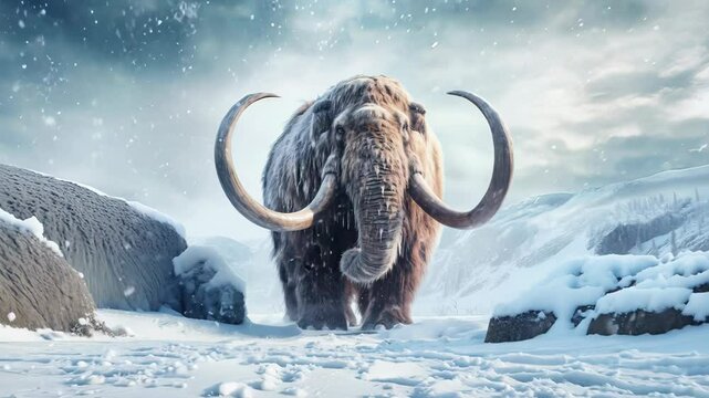 Majestic mammoth in a snowy prehistoric landscape with falling snowflakes, 4k footage
