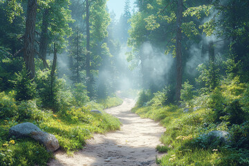 Obraz premium A path through a sunny forest on one side, and the other side covered in fog, symbolizing clarity versus confusion.