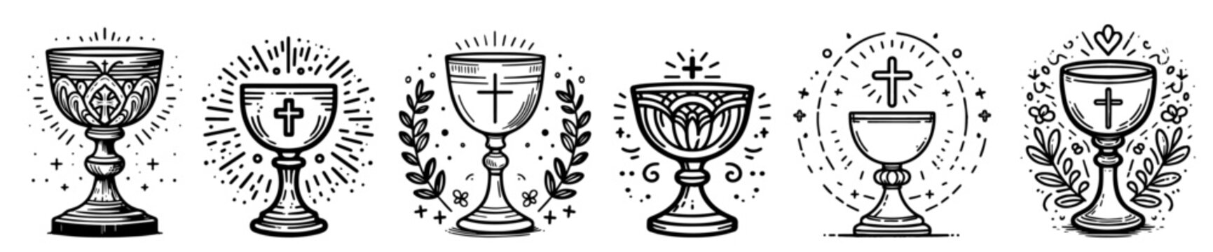 black and white vector set of hand-drawn religious chalices with crosses and communion elements