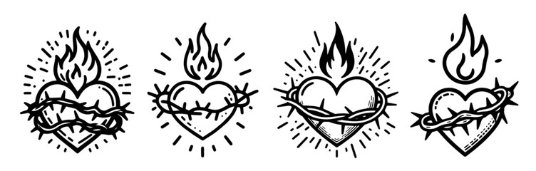 black and white vector illustrations of hearts with thorns and flames in artistic style