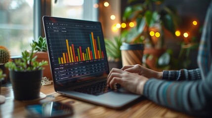 Work desk with laptop Display graphs and charts on screen with business data displayed as colorful stripes. In the office, focus intently on working through financial analysis or market trends.