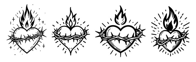 detailed vector collection of hearts with crown of thorns and flame in black and white