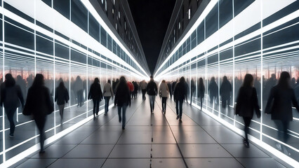 people moving in light-lined corridor, abstract
