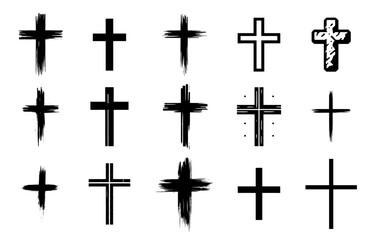 collection of hand-drawn christian crosses in black and white vector line art