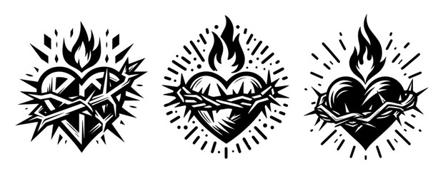 artistic collection of hearts with crown of thorns and flame in black and white style