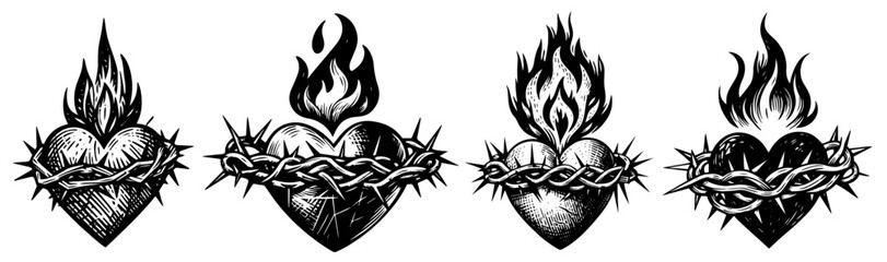 black and white vector set of hearts with thorn crowns and flames illustrations