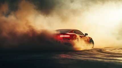 A sleek black sports car performs a drift on a race track, creating smoke and capturing the intensity of high-speed driving.
