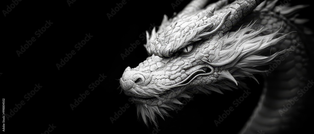 Canvas Prints  A monochrome image of a dragon's closed-eyed head, one eye semi-closed, against a pitch-black backdrop