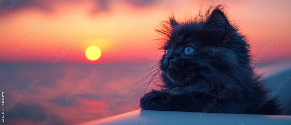 Poster  A tight shot of a feline on a boat beside a water body as the sun sets, backdrop