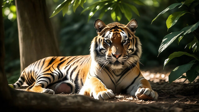 tiger relaxing under tree