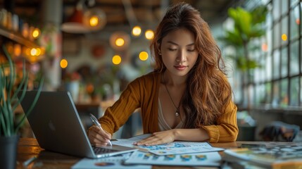 Fototapeta premium Beautiful professional business woman sitting at the table Smile while reading important documents with financial graphs and modular design. She wore a simple outfit. 