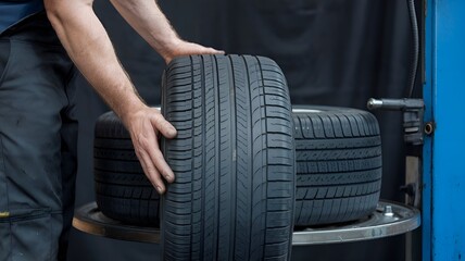 Fototapeta premium close-up of mechanic hands holding a new automobile tire at the shop. Winter and summer tire replacement, Isolated on a black background