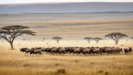 Fototapeta premium A herd of wildebeest in motion, crossing the savannah