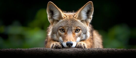  A tight shot of a wolf resting, its head propped on a rock, gazing at the camera against a hazy backdrop