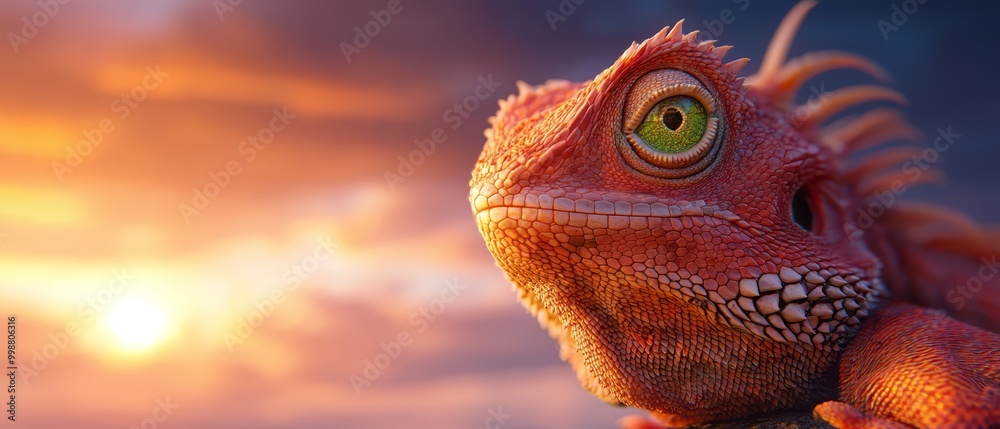 Poster a tight shot of a lizard's face against a sun-backdrop, with clouds scattering across the sky behind