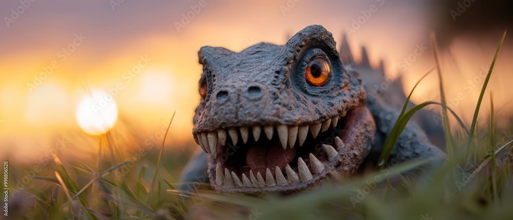 Canvas Prints  A tight shot of a toy dinosaur with its jaws widely opened, revealing teeth, against a backdrop of a radiant sun