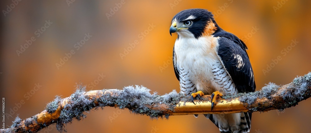 Poster  A bird perched on a branch, snowcapped tree top against a softly blurred background