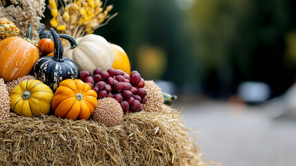 Display of colorful gourds and grains arranged artistically on a hay bale, symbolizing the richness of the harvest season, autumn harvest, bounty, abundance, decoration