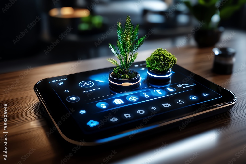 Aufkleber Digital 3D control panel for a smart home system, where consumers interact with climate, lighting, and security settings in a realistic 3D environment
