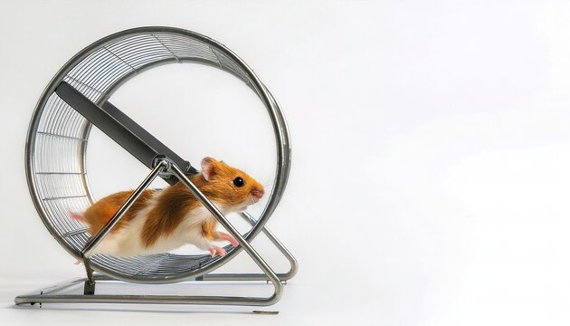 golden or Syrian hamster - Mesocricetus auratus - are rodents and popular small domestic pets known for running on a spinning wheel.  Life analogy. Running in place getting nowhere. Isolated on white