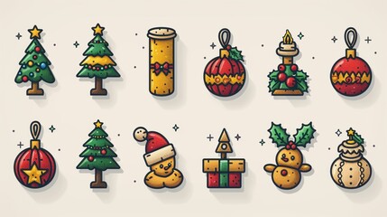 Fototapeta premium Colorful Christmas ornaments and decorations in a whimsical style.