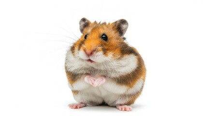 golden or Syrian hamster - Mesocricetus auratus - are rodents and popular small domestic pets known for running on a spinning wheel.  Life analogy. Running in place getting nowhere. Isolated on white