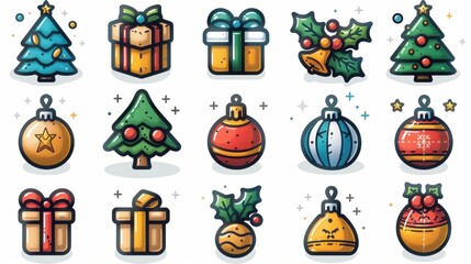 A colorful collection of festive holiday icons featuring Christmas trees, ornaments, and gifts, showcasing joyful seasonal spirit.