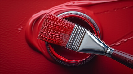 Banner with open can of paint with brushe on them on bright symmetry background. Top view lay flat paint brush laying on paint can