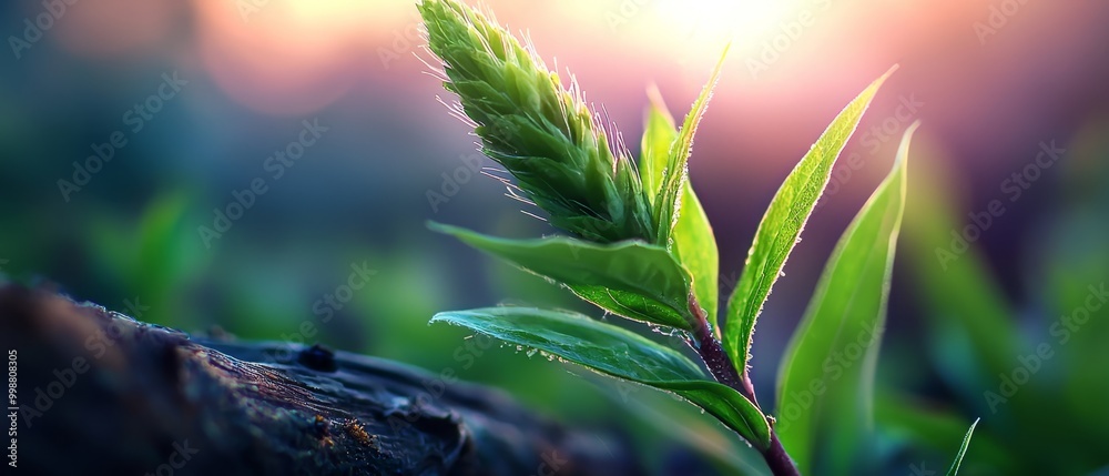 Wall mural  A tight shot of a verdant plant, its moist leaves adorned with water beads, against a radiant backdrop of intense light