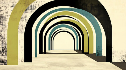Fototapeta premium A passageway of continuous arches in a flat design and screenprint-style crossover; architectural design aesthetic background
