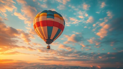 Fototapeta premium Colorful hot air balloon flying in a blue sky with clouds during sunset.