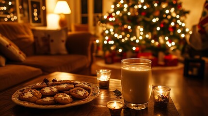 Obraz premium In a warm and inviting Christmas living room, bathed in soft candlelight, a cozy ambiance fills the air. A plate of freshly baked cookies rests on the coffee table