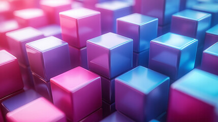 Fototapeta premium Floating cubes forming a surreal 3D pattern, transitioning between vibrant shades of blue and purple,
