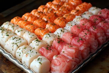 Fresh sushi featuring assorted seafood varieties neatly arranged for customers