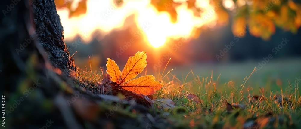 Sticker  A leaf lies on the ground beside a tree as the sun sets in the backdrop