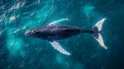 Fototapeta premium Aerial view of a whale gliding gracefully through the ocean, surrounded by swirling blue waters. 