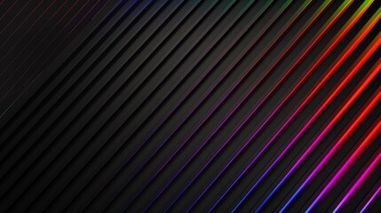 A 3D graphic illustration of a vector style background/ backdrop/ screensaver. Black geometric, diagonal panels with multi colored neon lights