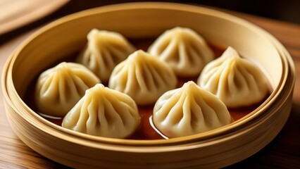  Delicious dumplings in a wooden bowl